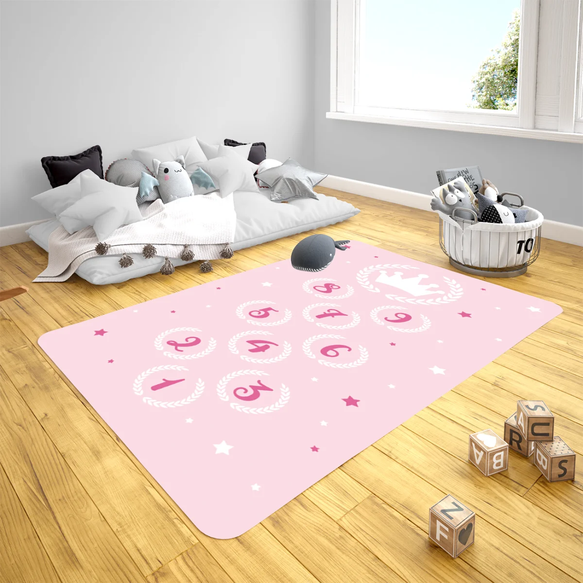Prenses Çocuk Halısı | Pembe taç, defne çelengi ve yıldızlar Desenli