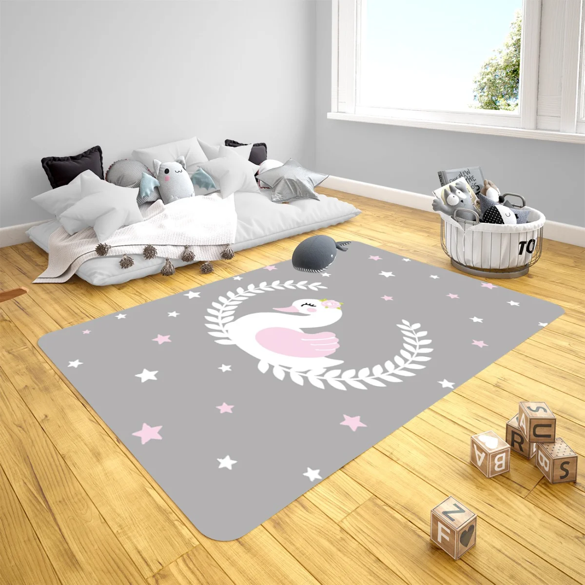 Kuğu Çocuk Halısı | Gri yıldız, yaprak çelenk Desenli