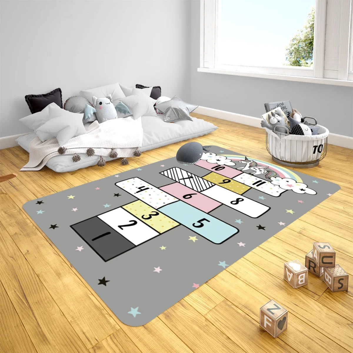 Unicorn Çocuk Halısı | Gri yıldız, bulut Desenli