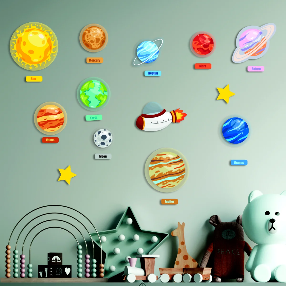 Uzay Ahşap Dekor Seti | Gri gezegenler, yıldızlar Desenli