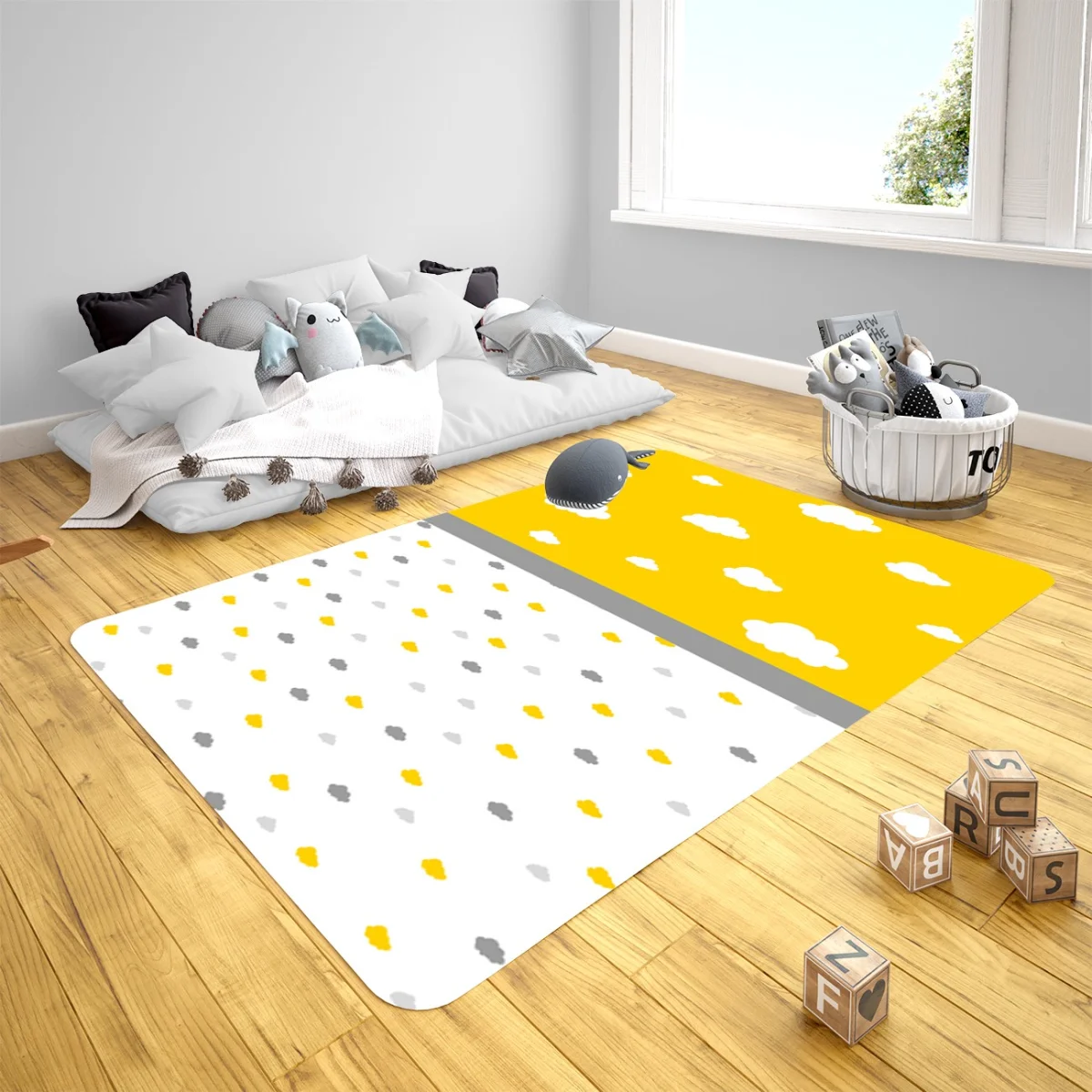 Bulutlar Çocuk Halısı | Sarı beyaz ve gri bulutlar Desenli