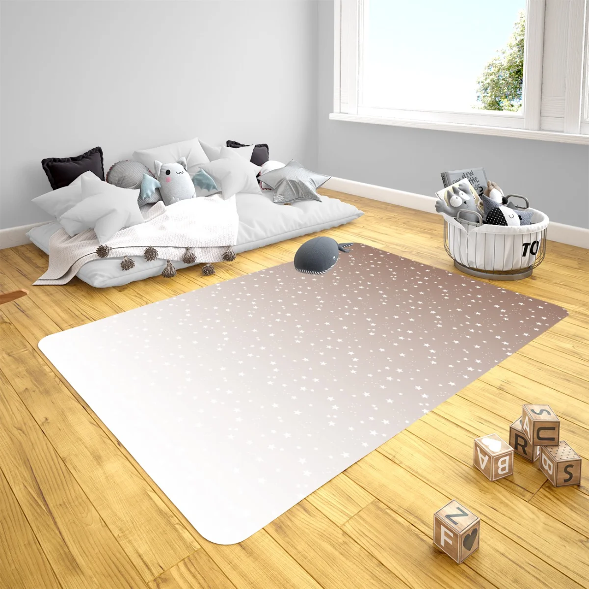 Yıldızlar Çocuk Halısı | Bej küçük yıldızlar, degrade renk geçişi Desenli