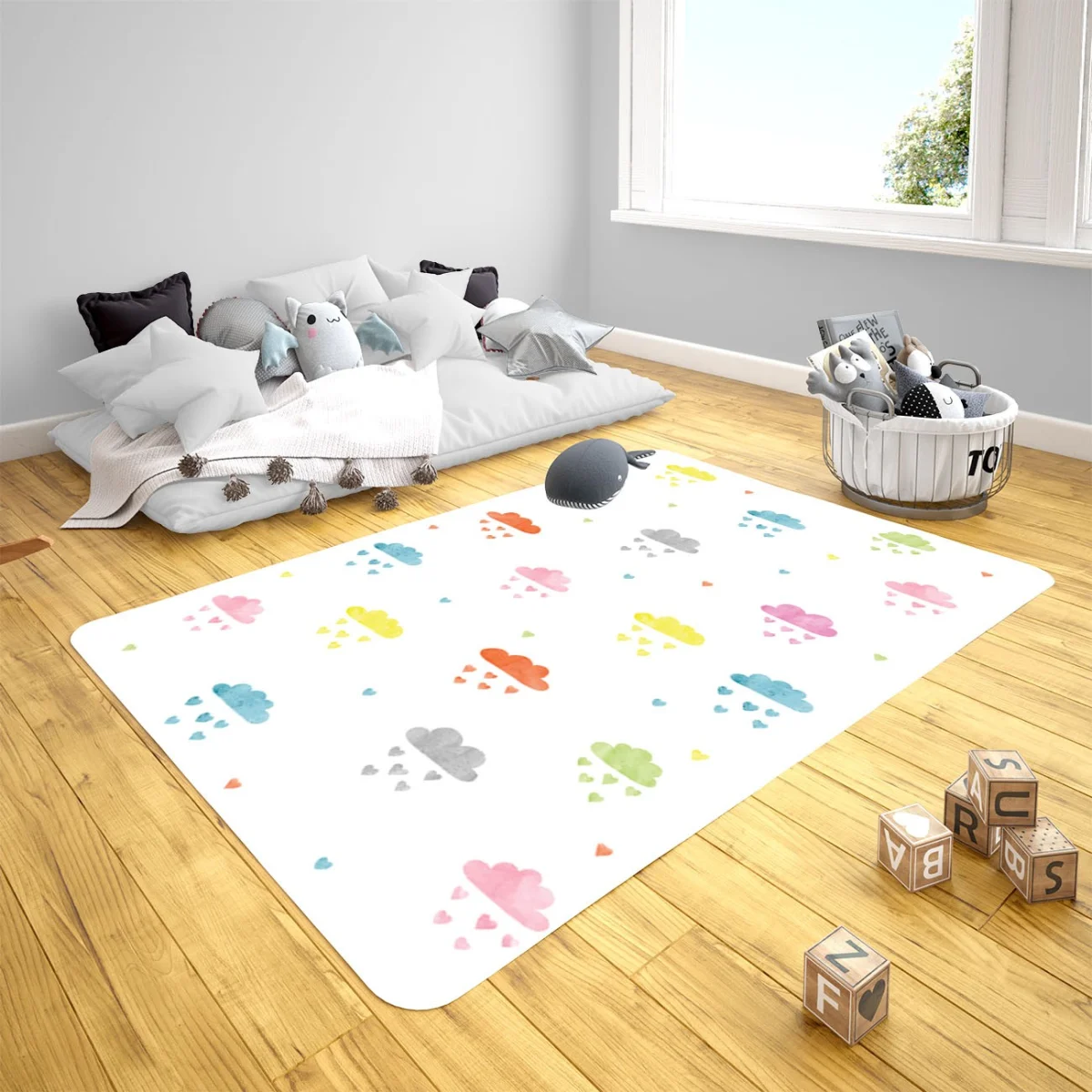Bulutlar Çocuk Halısı | Beyaz Renkli bulutlar ve kalp yağmuru Desenli