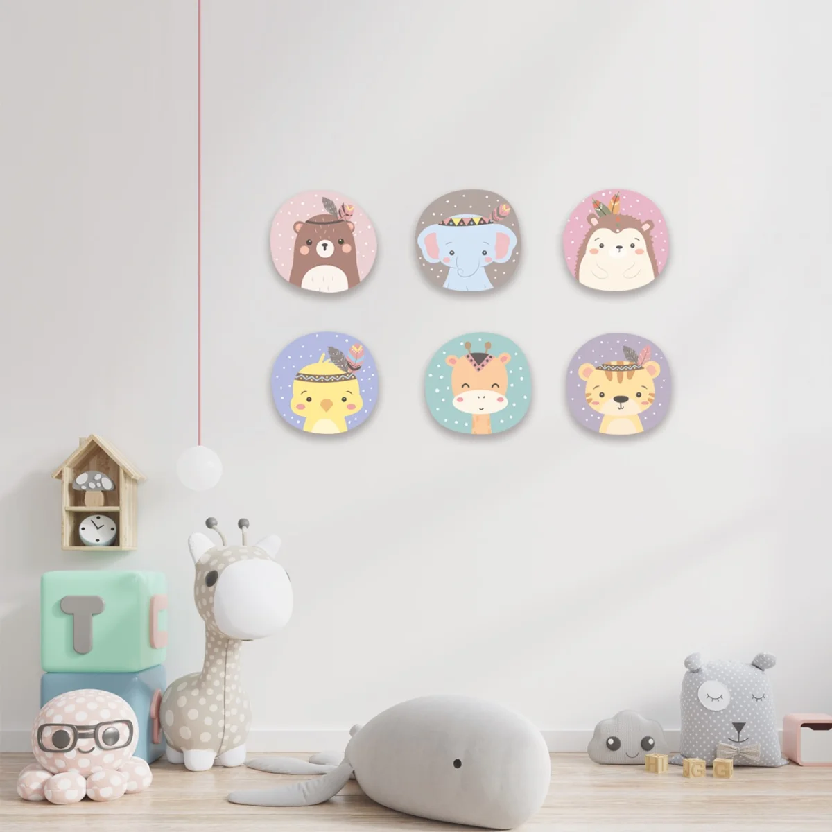 Orman Hayvanları Ahşap Dekor Seti | Çok renkli Puantiye, tüy detayları Desenli