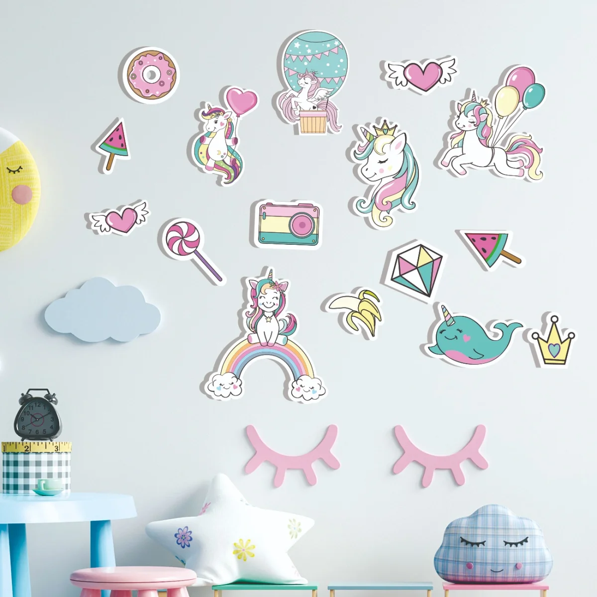 Unicorn Ahşap Dekor Seti | Pastel gökkuşağı, bulut Desenli