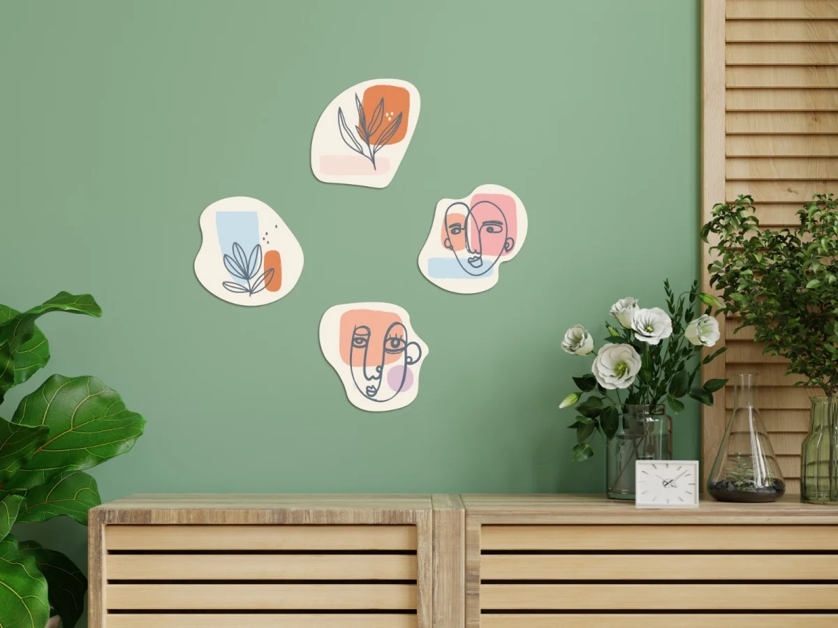 Soyut Yüzler ve Bitkiler Ahşap Dekor Seti | Yeşil Soyut şekiller, çizgi sanatı ve renkli noktalar...