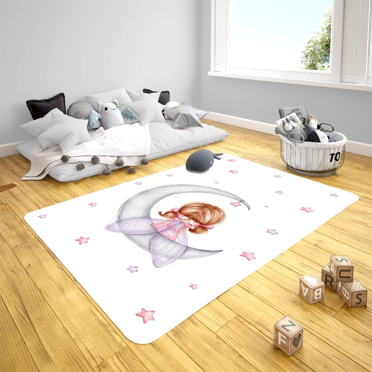 Ay ve peri Çocuk Halısı | Beyaz Yıldızlar Desenli