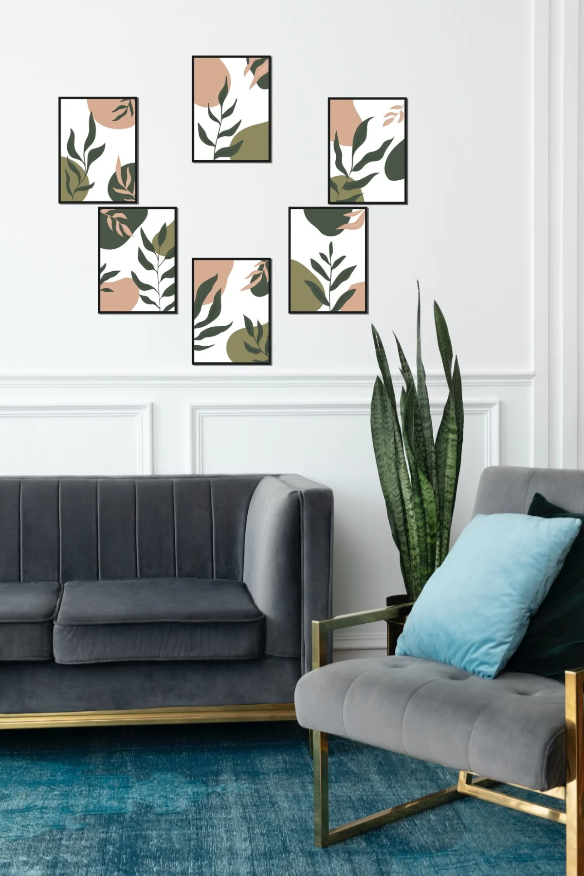 Soyut Botanik Ahşap Dekor Seti | Yeşil Yapraklar, soyut şekiller Desenli