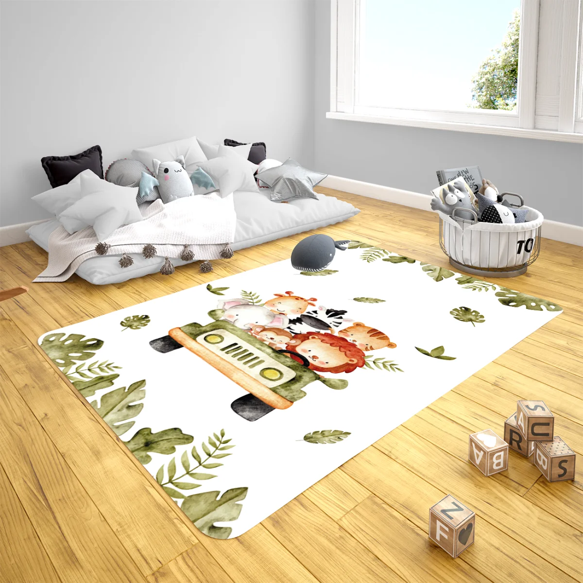 Orman Hayvanları Çocuk Halısı | Beyaz yeşil yapraklar, safari cipi Desenli