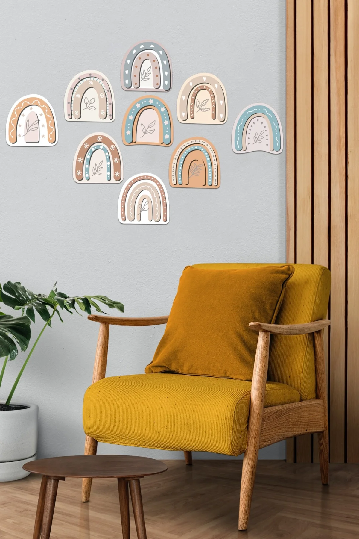 Gökkuşağı Ahşap Dekor Seti | Pastel Tonlar yaprak, yıldız Desenli