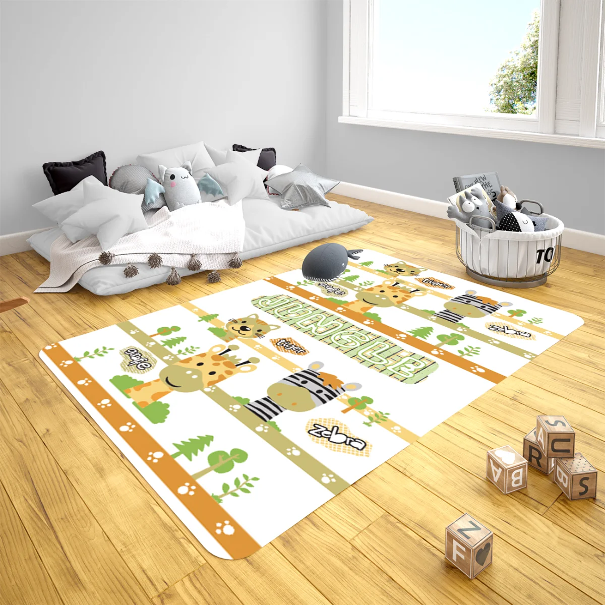 Orman Hayvanları Çocuk Halısı | Beyaz ağaçlar, patiler Desenli