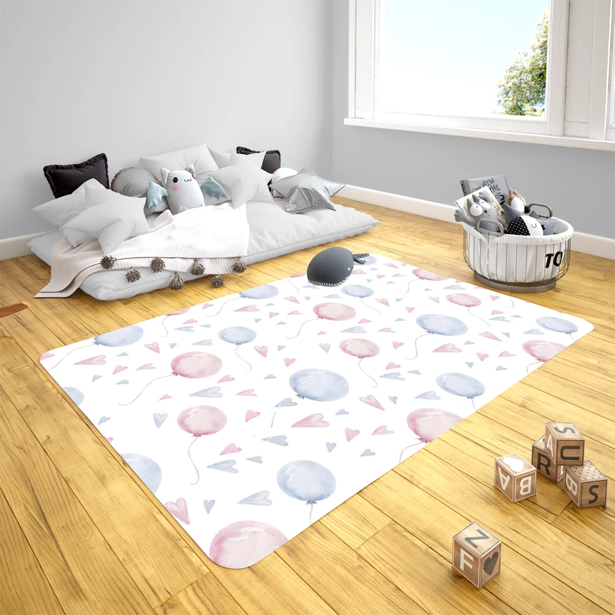 Balonlar ve Kalpler Çocuk Halısı | Beyaz Pembe ve mavi balonlar, pembe ve mavi kalpler Desenli