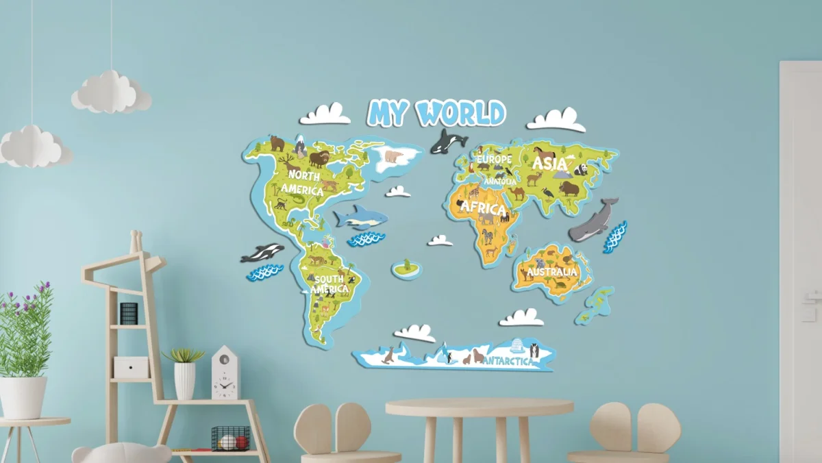 Dünya Haritası, Hayvanlar Ahşap Dekor Seti | Mavi bulut, dalgalar Desenli