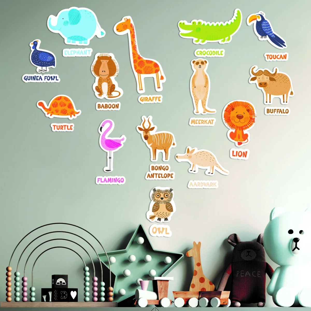 Orman Hayvanları Ahşap Dekor Seti | Gri Gökkuşağı, yıldız Desenli