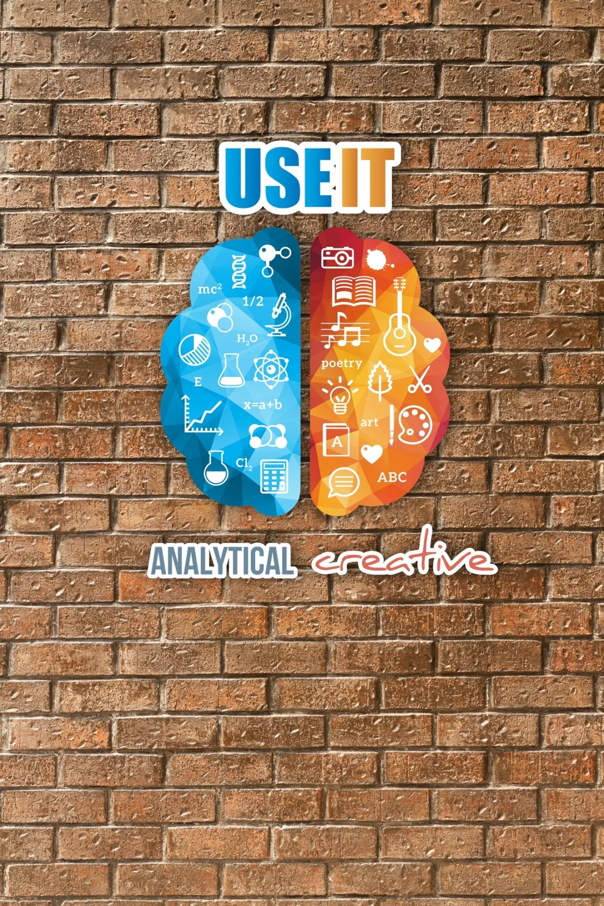 Zeka ve Yaratıcılık Ahşap Dekor Seti | Mavi Bilimsel ve sanatsal ikonlar, beyin şekli Desenli