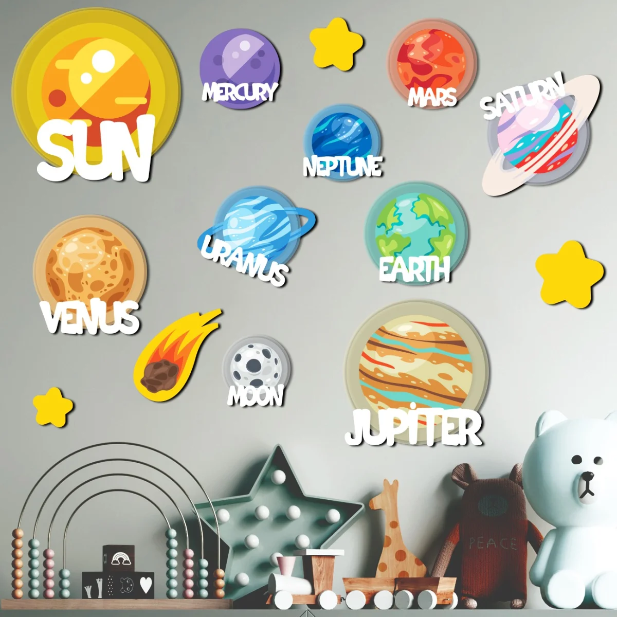 Uzay Ahşap Dekor Seti | Gri gezegenler, güneş Desenli