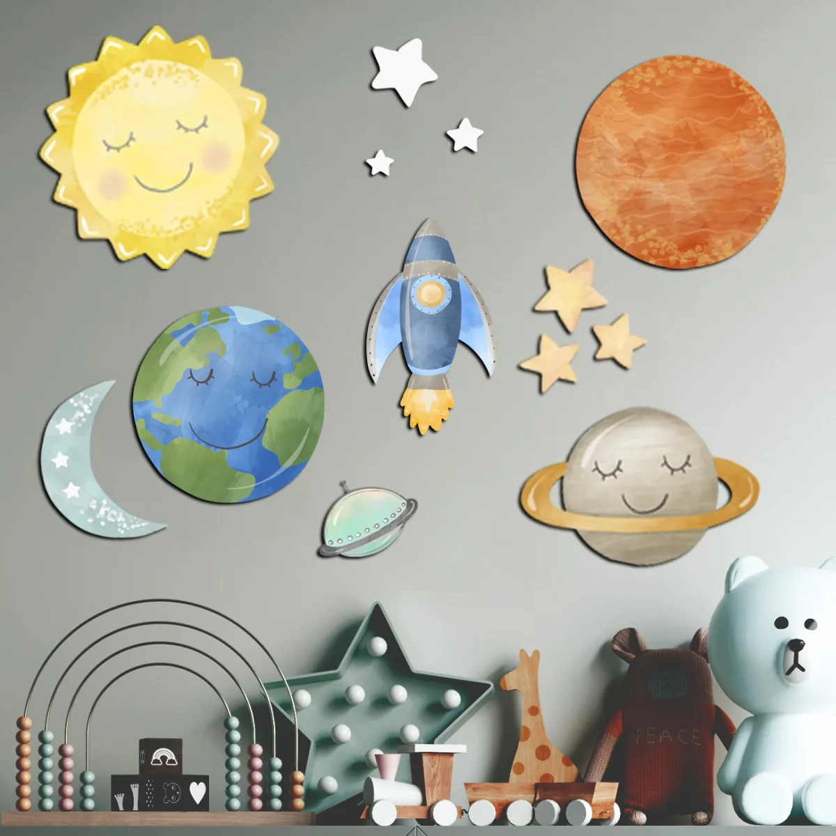 Uzay Ahşap Dekor Seti | Çok renkli Yıldızlar, Ay Desenli