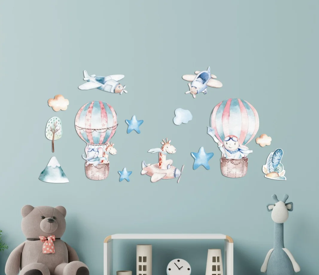 Maceraperest Hayvanlar Ahşap Dekor Seti | Açık Mavi yıldız, bulut Desenli
