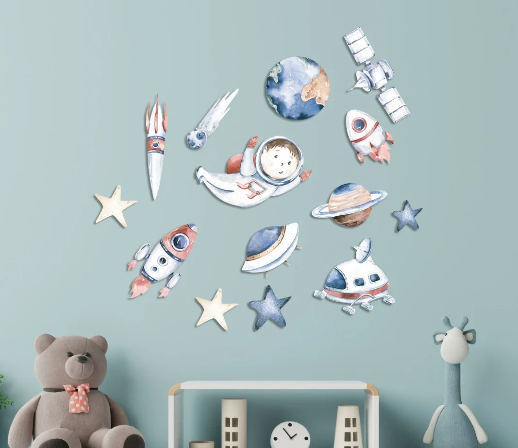 Uzay Ahşap Dekor Seti | Mavi gezegen, yıldız Desenli