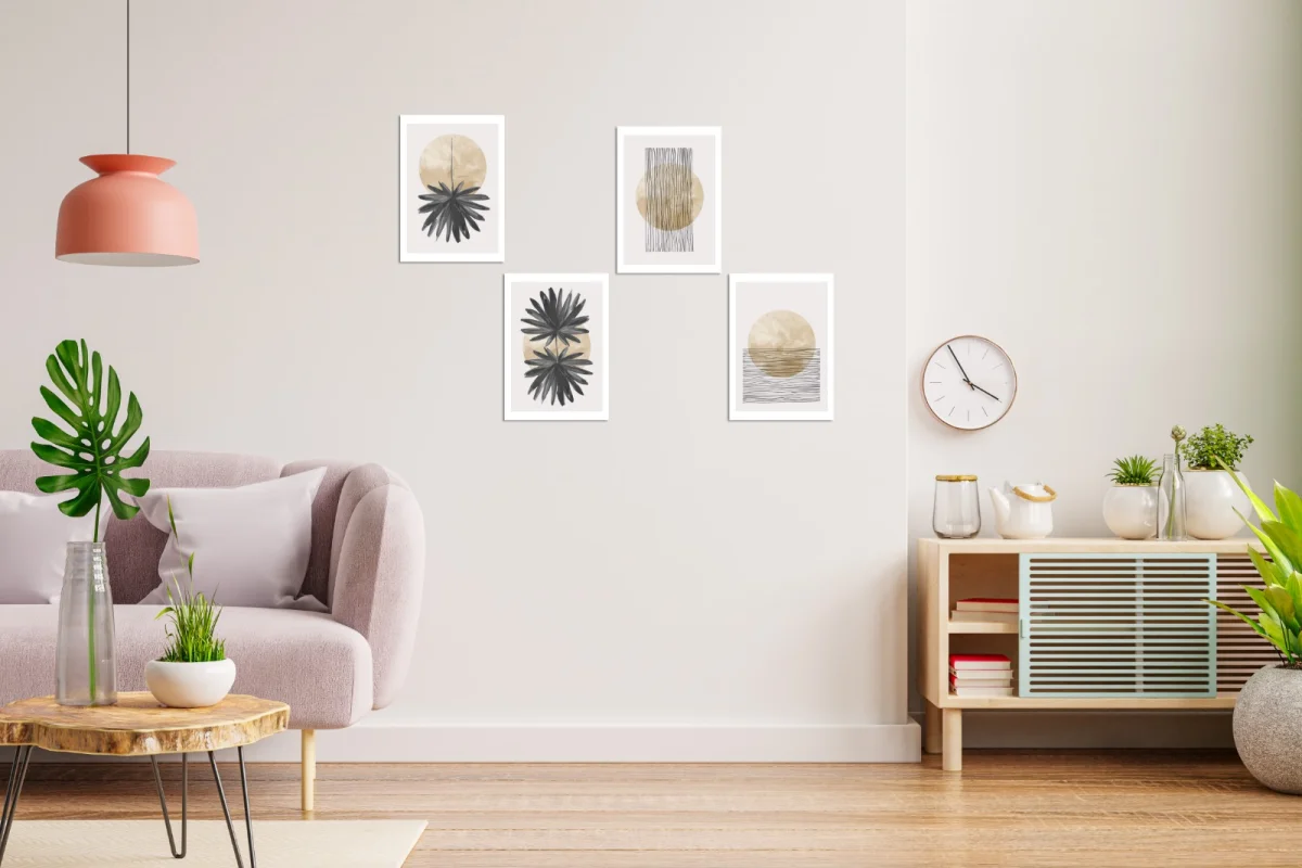 Güneş, ay, palmiye yaprakları Ahşap Dekor Seti | Bej Soyut çizgiler, sade bitki figürleri Desenli