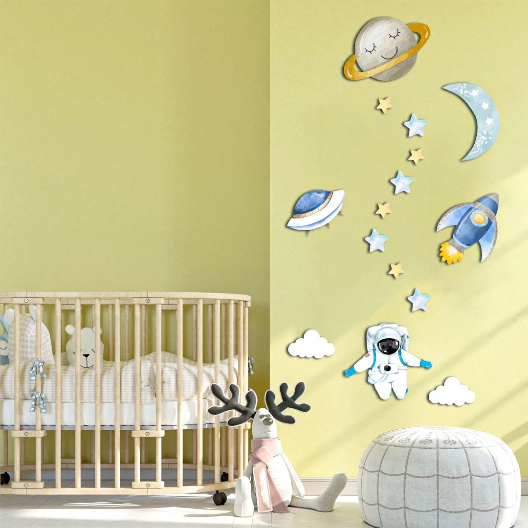 Uzay Ahşap Dekor Seti | Yeşil yıldız, bulut Desenli