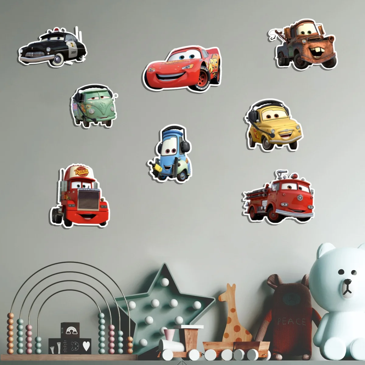 Arabalar Ahşap Dekor Seti | Gri gökkuşağı, yıldız Desenli