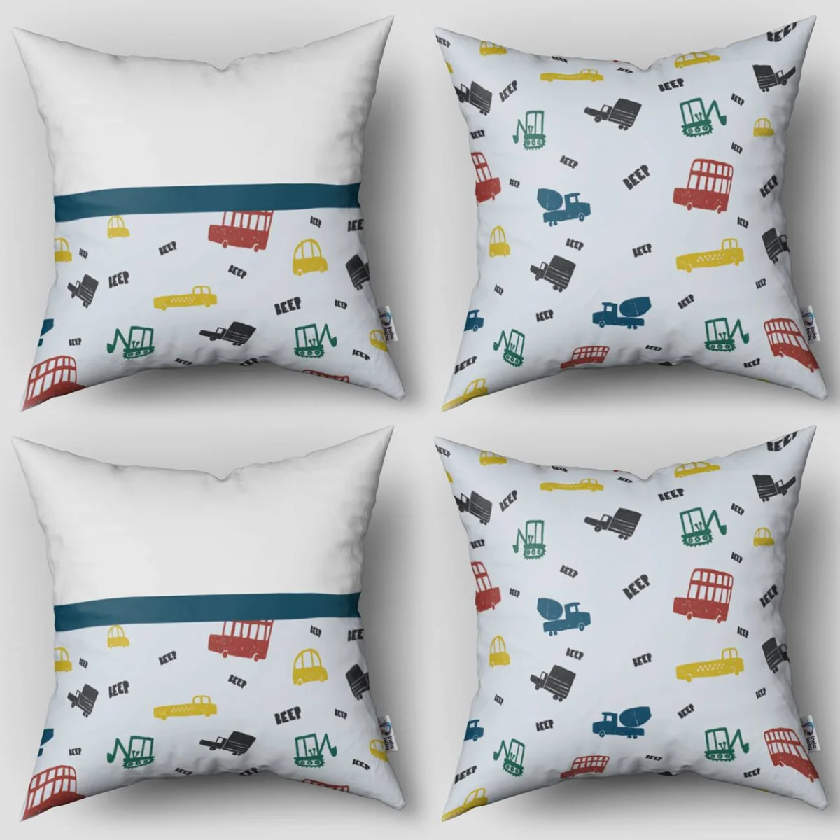 İnşaat Araçları, Taşıtlar 4lü Kırlent | Beyaz BEEP yazıları, renkli kamyon Desenli