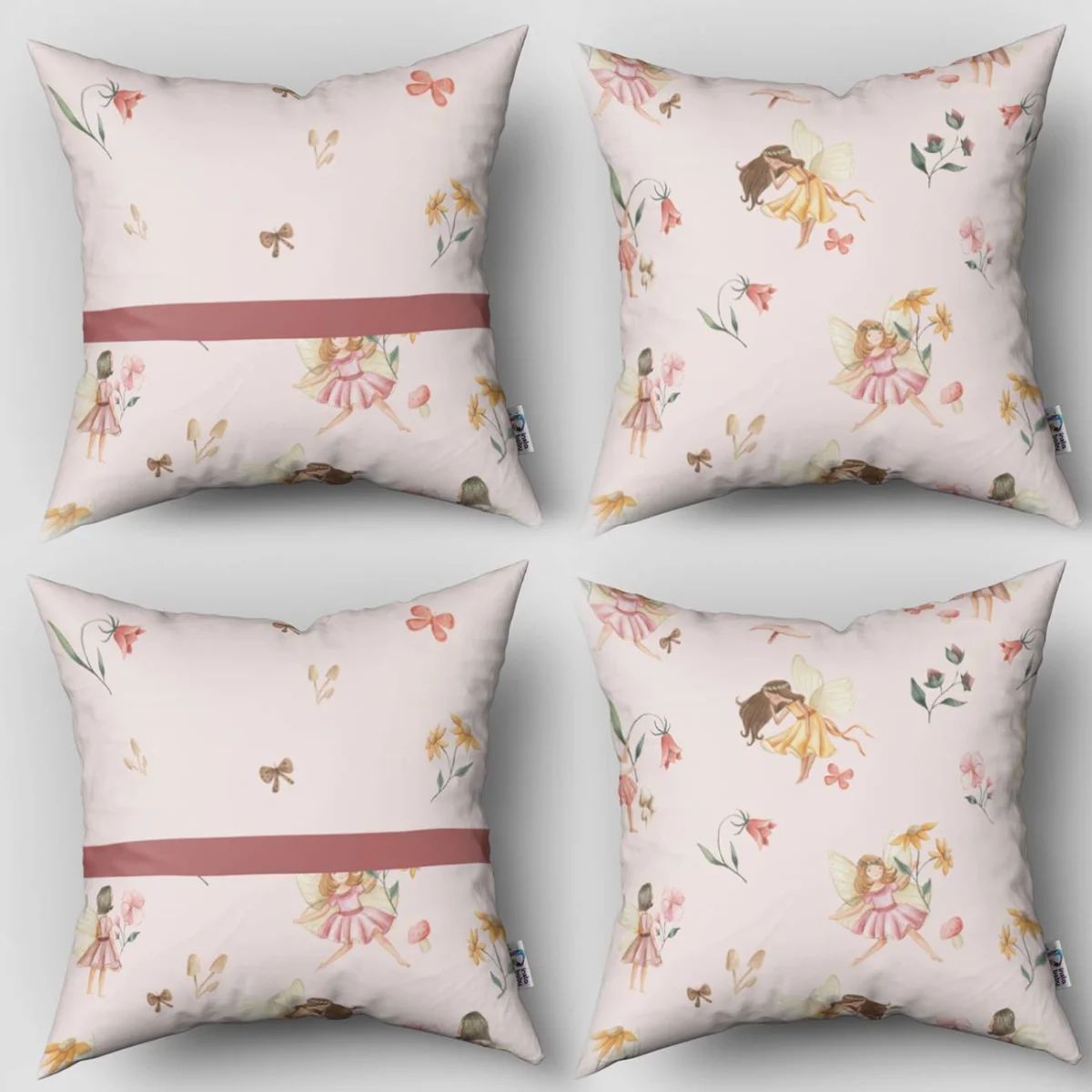 Periler 4lü Kırlent | Pembe Çiçekler, mantarlar ve kelebekler Desenli