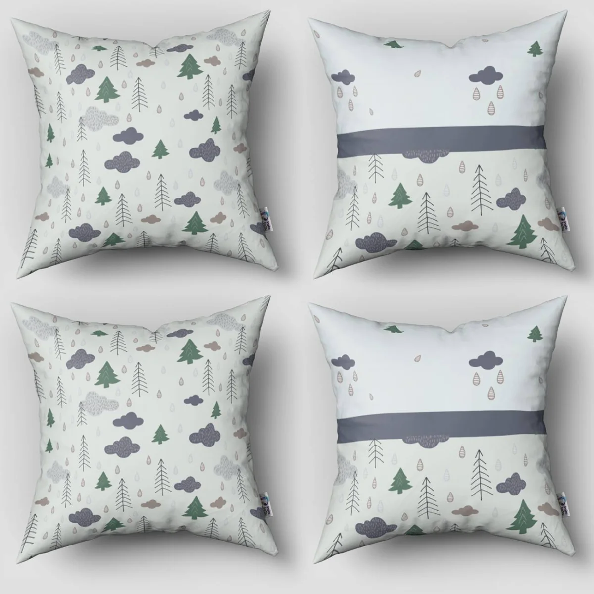 Orman 4lü Kırlent | Açık Mavi çam ağaçları, bulutlar Desenli