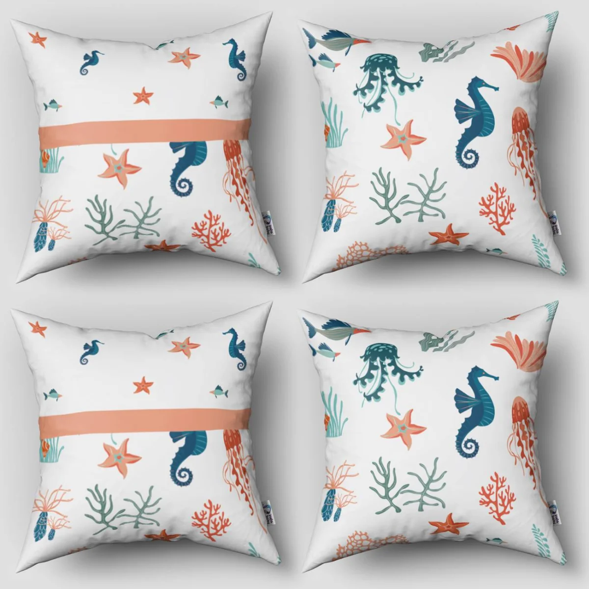 Deniz Canlıları 4lü Kırlent | Beyaz yıldızlar, deniz atları Desenli