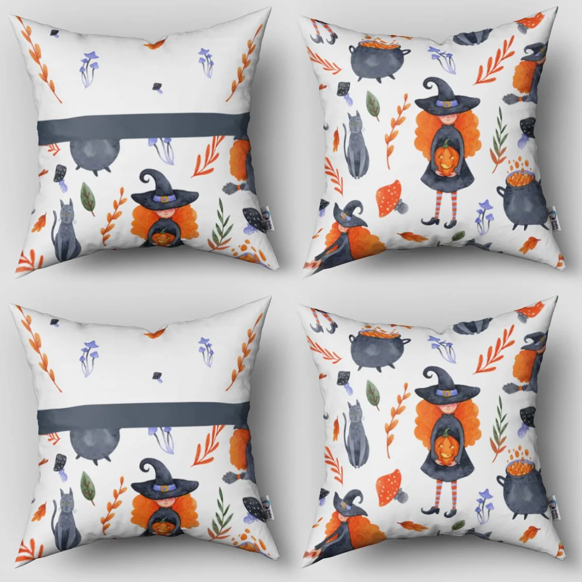 Cadı ve Halloween 4lü Kırlent | Beyaz cadı, kara kedi Desenli