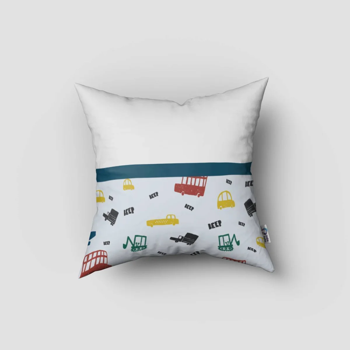 İnşaat Araçları, Taşıtlar Kırlent Kılıfı | Beyaz BEEP yazıları, renkli kamyon Desenli