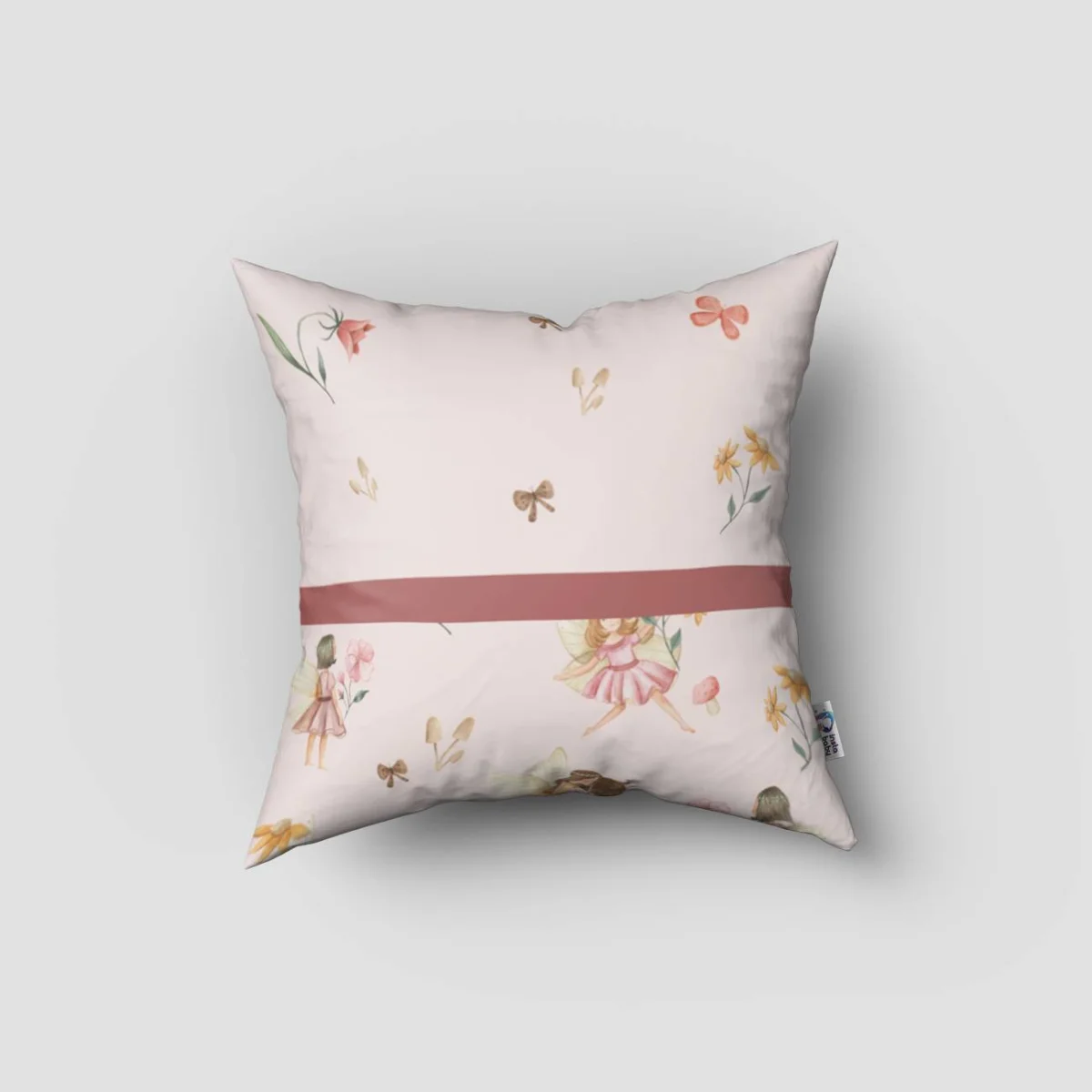 Periler Kırlent Kılıfı | Pembe Çiçekler, mantarlar ve kelebekler Desenli