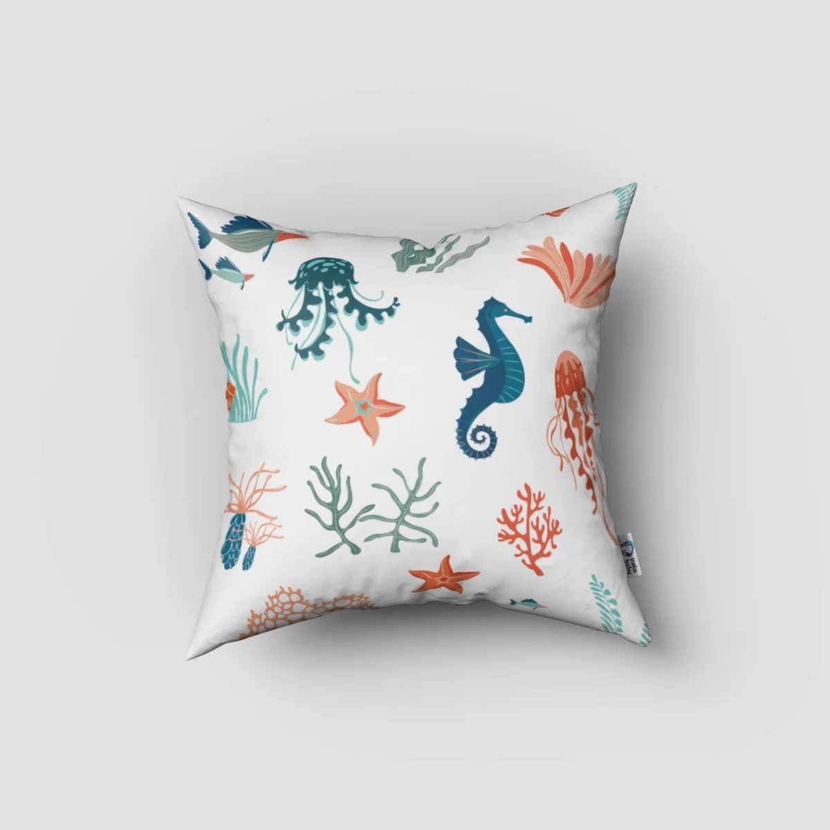 Deniz Canlıları Kırlent Kılıfı | Beyaz yıldızlar, deniz atları Desenli