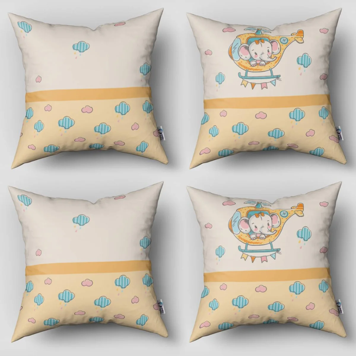 Uçan Fil 4lü Kırlent | Bej bulut, yağmur damlası Desenli