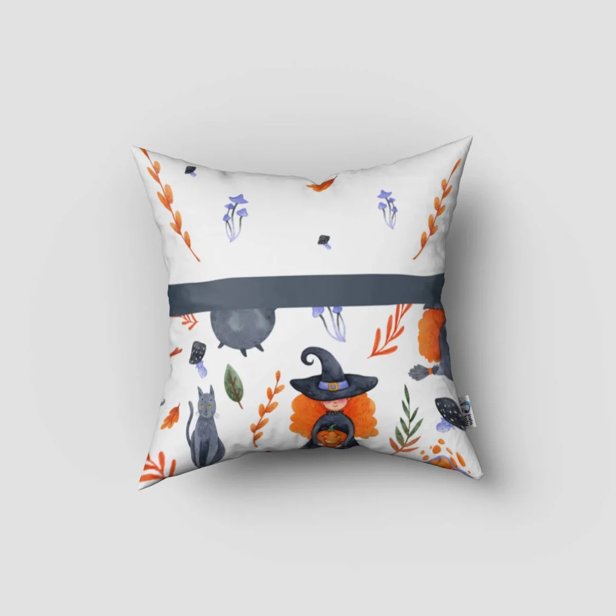 Cadı ve Halloween Kırlent Kılıfı | Beyaz cadı, kara kedi Desenli