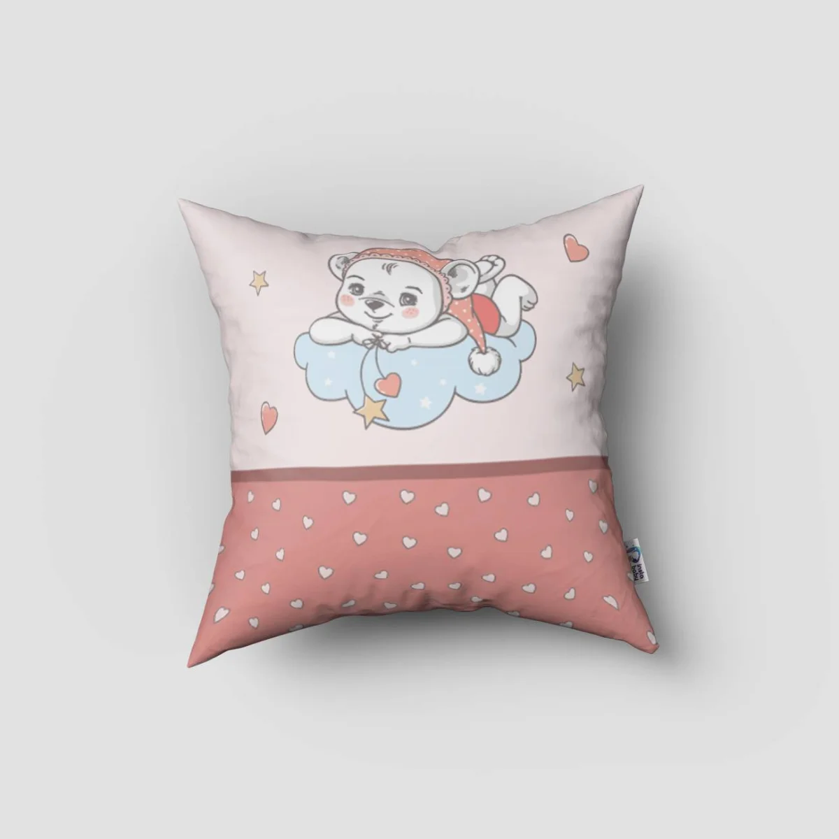 Ayıcık Kırlent Kılıfı | Pembe Ayıcık, bulut Desenli