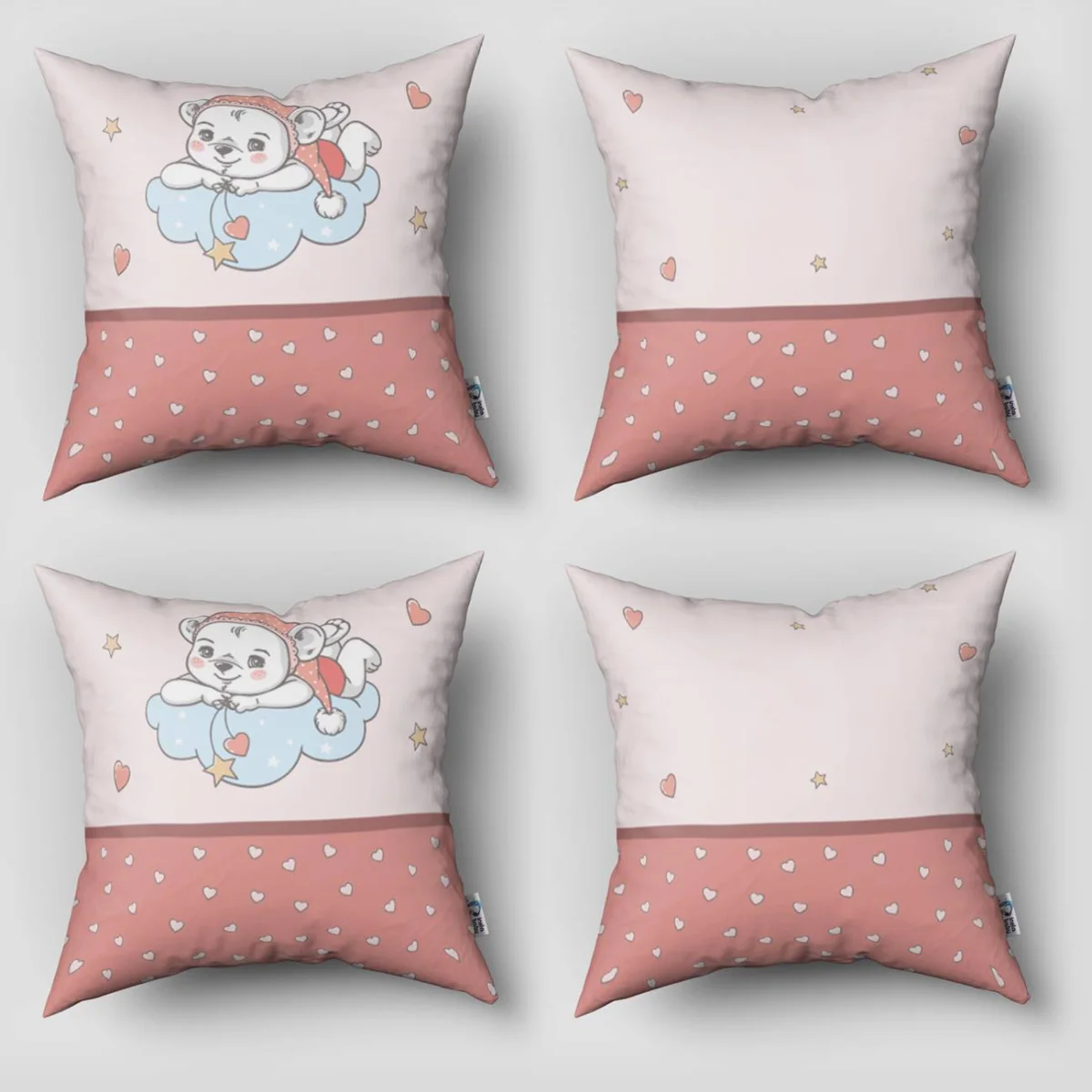 Ayıcık 4lü Kırlent | Pembe Ayıcık, bulut Desenli