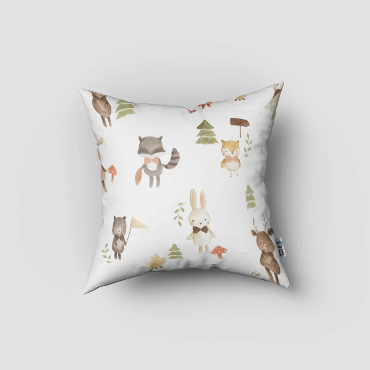 Orman Hayvanları Kırlent Kılıfı | Beyaz mantar, ağaç Desenli