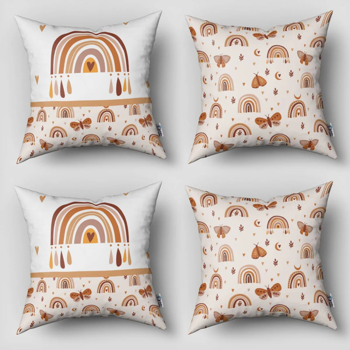 Gökkuşağı 4lü Kırlent | Beyaz Ay, kalpler Desenli