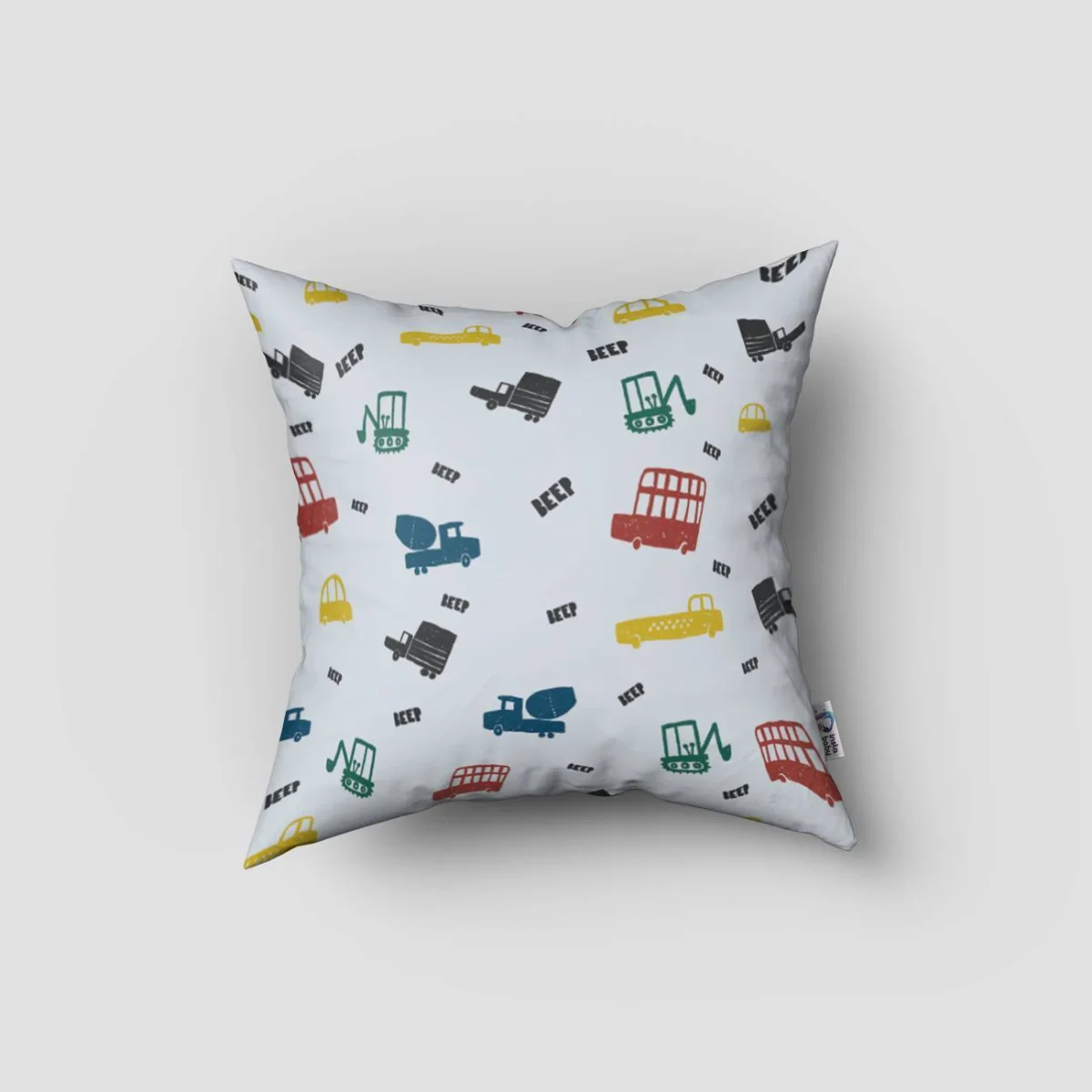 İnşaat Araçları, Taşıtlar Kırlent Kılıfı | Beyaz BEEP yazıları, renkli kamyon Desenli