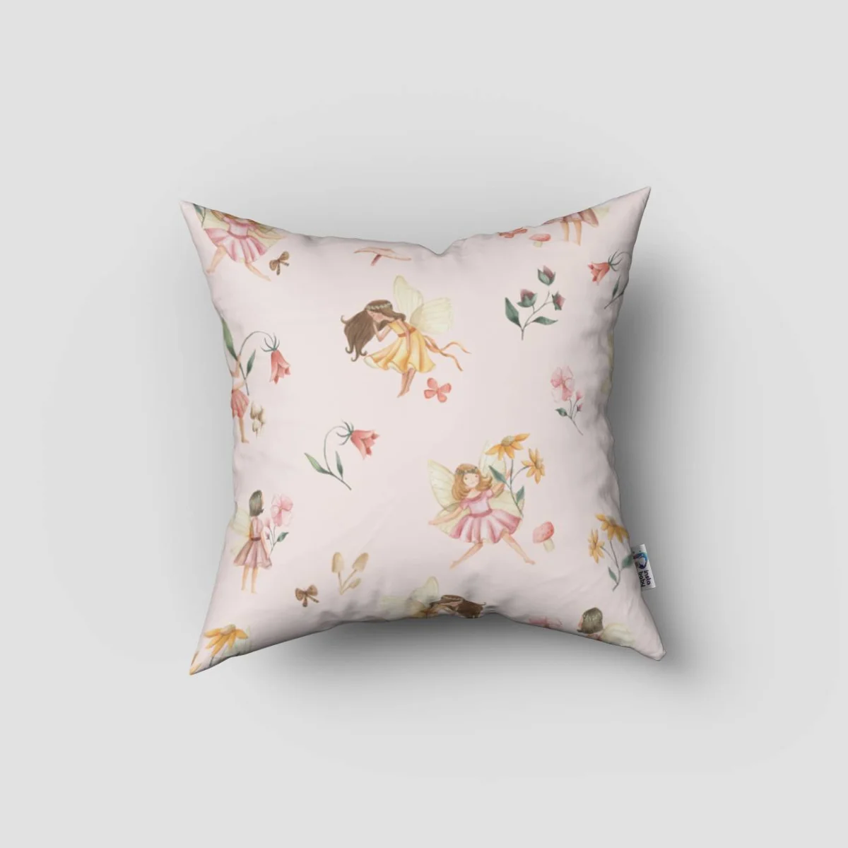 Periler Kırlent Kılıfı | Pembe Çiçekler, mantarlar ve kelebekler Desenli