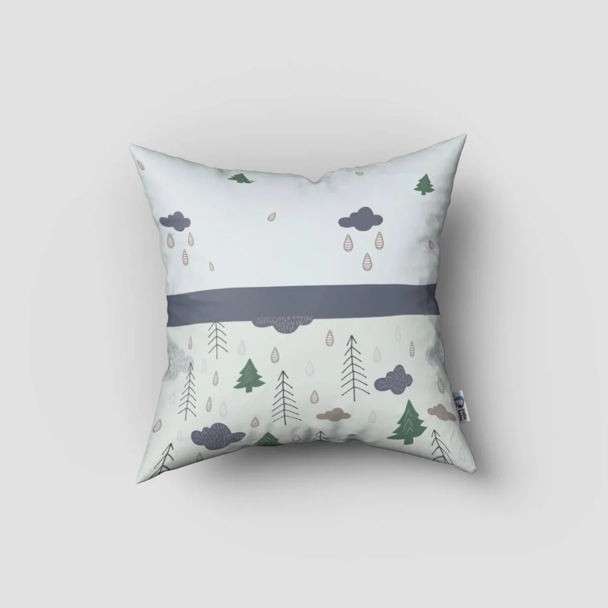 Orman Kırlent Kılıfı | Açık Mavi çam ağaçları, bulutlar Desenli