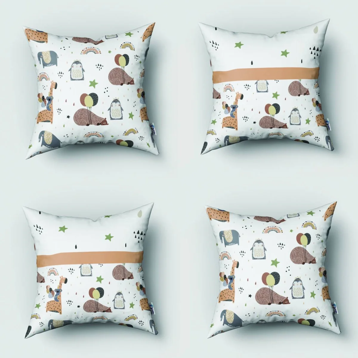 Orman Hayvanları 4lü Kırlent | Beyaz yıldızlar, gökkuşağı Desenli