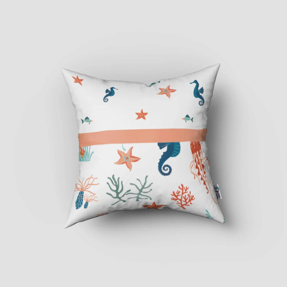 Deniz Canlıları Kırlent Kılıfı | Beyaz yıldızlar, deniz atları Desenli