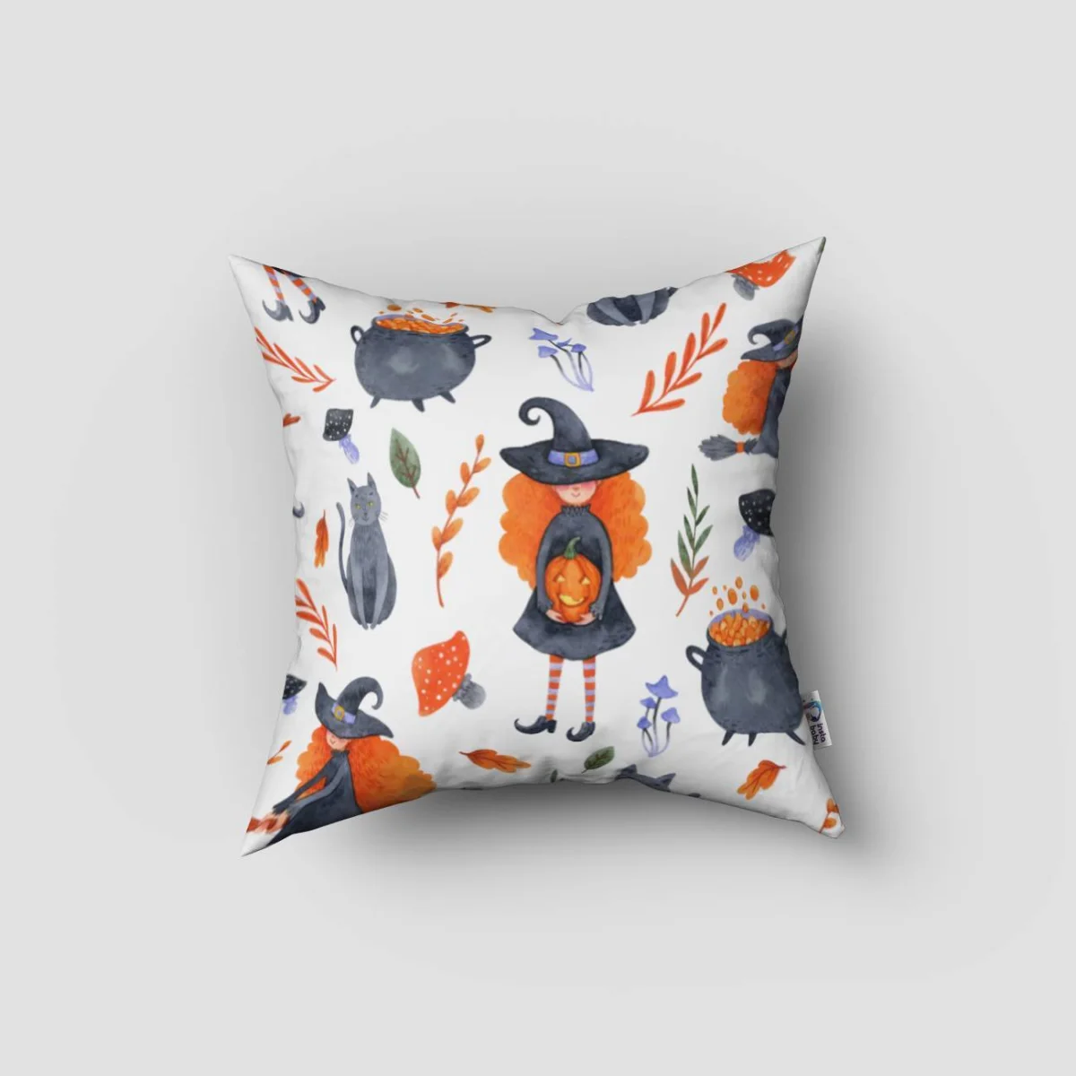 Cadı ve Halloween Kırlent Kılıfı | Beyaz cadı, kara kedi Desenli