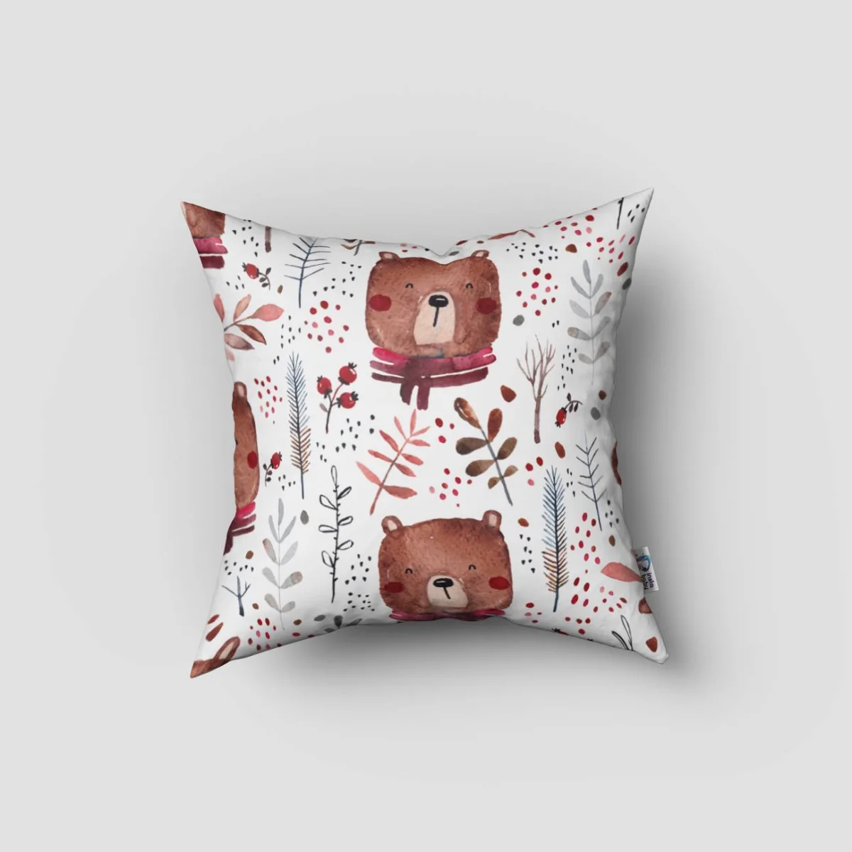 Orman Hayvanları Kırlent Kılıfı | Beyaz yapraklar, kırmızı meyveler Desenli