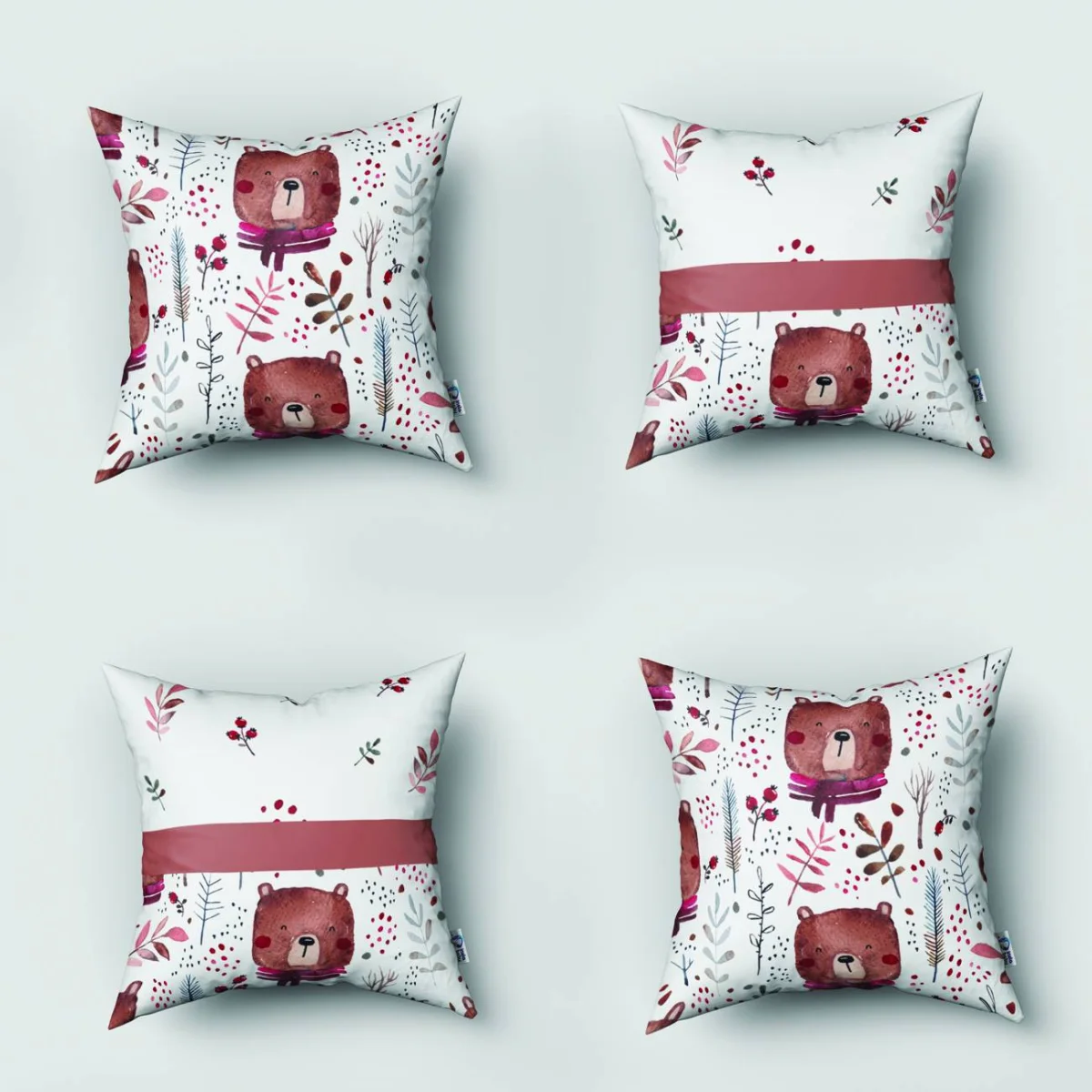 Orman Hayvanları 4lü Kırlent | Beyaz yapraklar, kırmızı meyveler Desenli