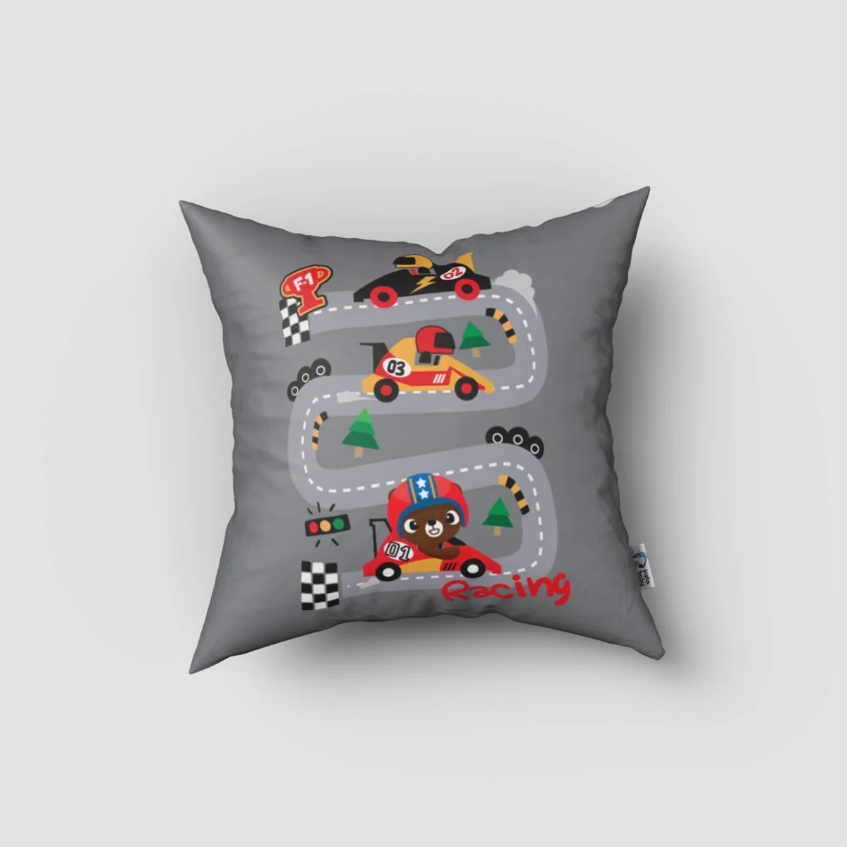 Go-kart yarışı Kırlent Kılıfı | Gri Yarış pisti, ağaçlar Desenli