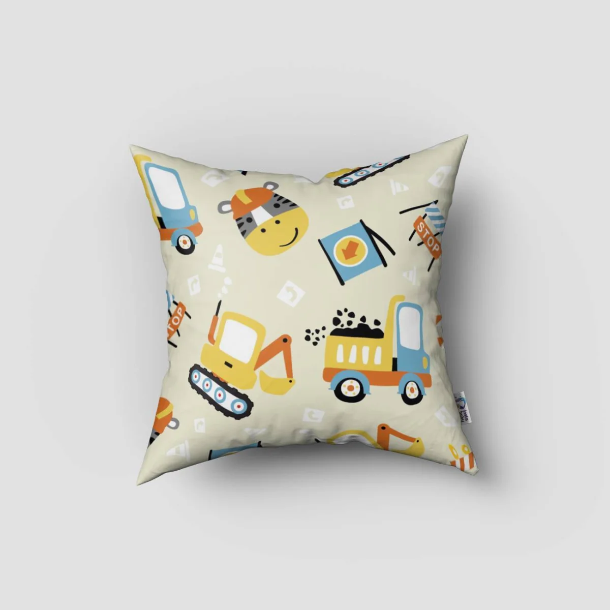 İş Makineleri ve Şantiye Hayvanları Kırlent Kılıfı | Beyaz iş makineleri, sevimli hayvanlar Desenli